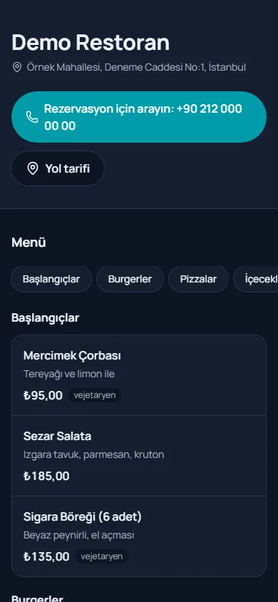 Demo restoran menüsü